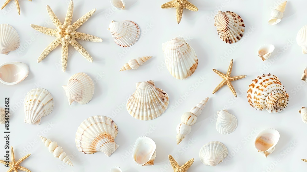 various seashells and starfish arranged in an aerial view, presented in a flat lay style against a pristine white background. SEAMLESS PATTERN various seashells and starfish arranged in an aerial view, presented in a flat lay style against a pristine white background. SEAMLESS PATTERN