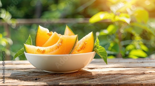 melon in a white bowl on a wooden table nature background. Selective focus