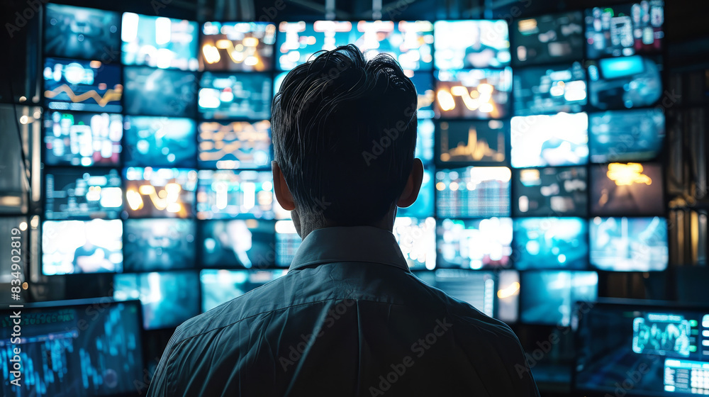 Cybersecurity expert monitoring multiple screens displaying diverse data and analytics in a dark operations center Cybersecurity expert monitoring multiple screens displaying diverse data and analytics in a dark operations center