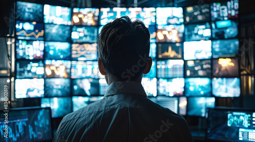 Cybersecurity expert monitoring multiple screens displaying diverse data and analytics in a dark operations center