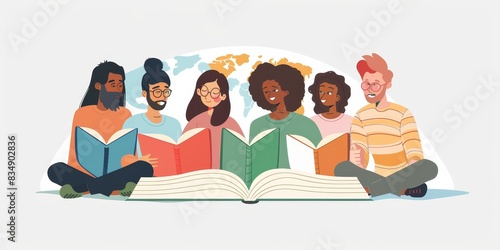 Diverse group of people reading books.