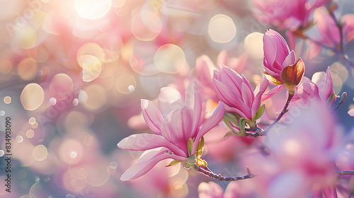 Blurred view of beautiful magnolia tree with pink blossom flower