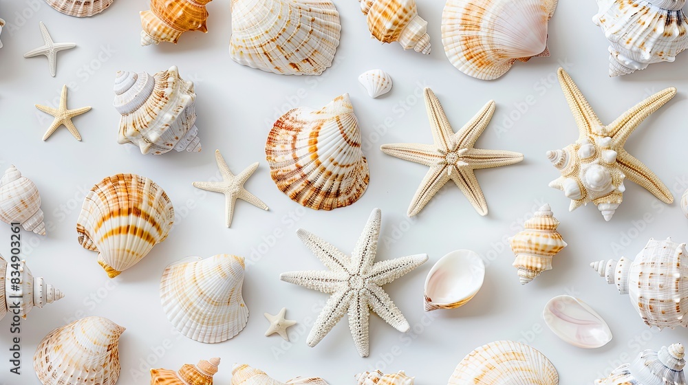 various seashells and starfish arranged in an aerial view, presented in a flat lay style against a pristine white background. SEAMLESS PATTERN various seashells and starfish arranged in an aerial view, presented in a flat lay style against a pristine white background. SEAMLESS PATTERN