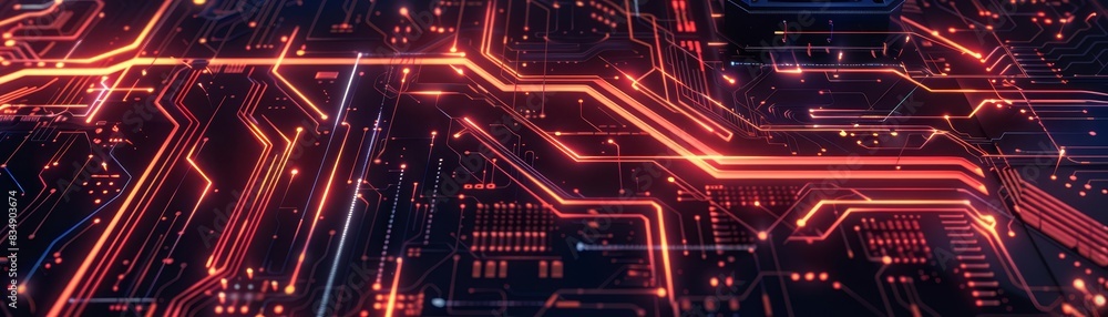 A futuristic digital circuit board with illuminated pathways, representing modern technology, innovation, and advanced electronics in bright red colors. A futuristic digital circuit board with illuminated pathways, representing modern technology, innovation, and advanced electronics in bright red colors.