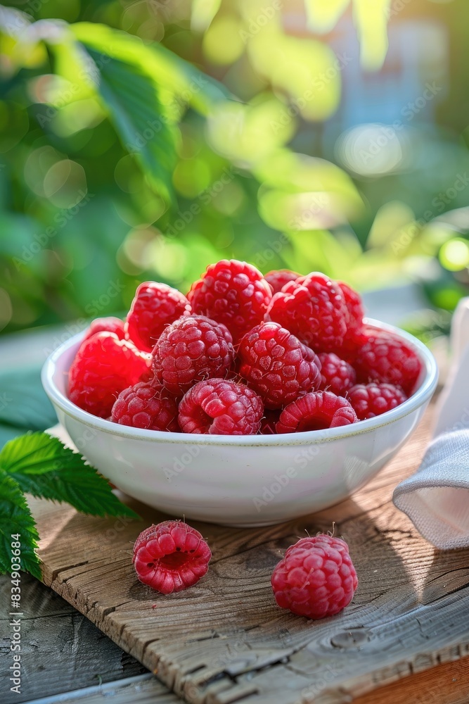 raspberries in a white bowl on a wooden table, nature background. Selective focus raspberries in a white bowl on a wooden table, nature background. Selective focus