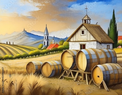 five wooden oak wine barrels in vineyard. Castle in distance
