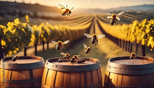 many bees fly over the wooden oak barrels of wine in the vineyard on sunset. Аging of wine photo