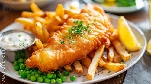 A delicious British fish and chips meal with tartar sauce and peas, served in a classic pub setting.