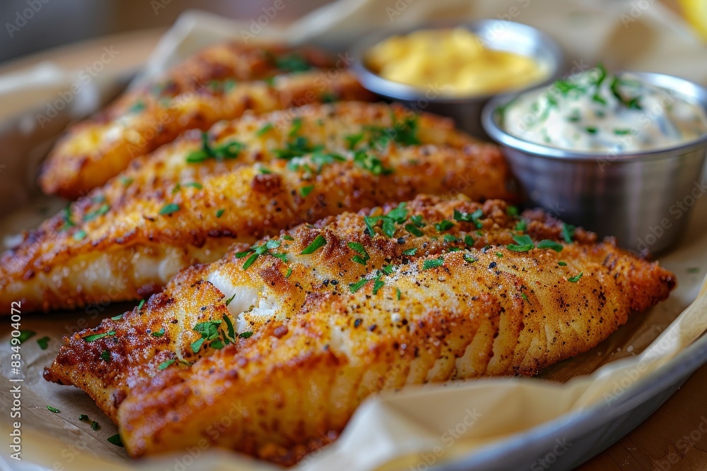 Fried Catfish - Fried catfish fillets with a side of tartar sauce. Fried Catfish - Fried catfish fillets with a side of tartar sauce.