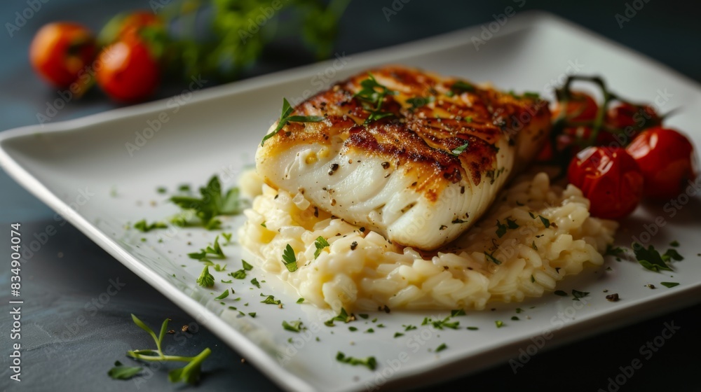 A delicious fish steak garnished with chopped parsley and served with creamy risotto and roasted cherry tomatoes on a stylish square plate, against a dark background. A delicious fish steak garnished with chopped parsley and served with creamy risotto and roasted cherry tomatoes on a stylish square plate, against a dark background.