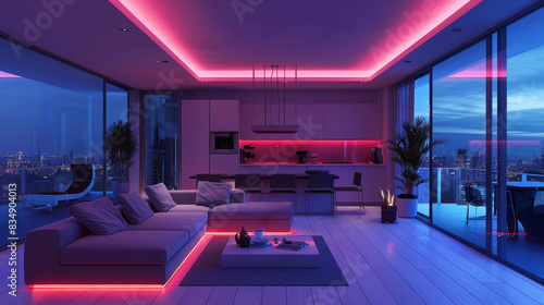 Futuristic smart home interior with voice-controlled lighting and panoramic city view