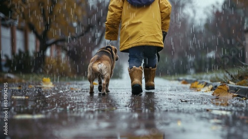 Dog walk with a kid in raincoat in rain in outdoor park photo