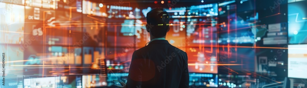 Businessman analyzing a futuristic digital interface with multiple screens displaying data and graphs in a high-tech room. Businessman analyzing a futuristic digital interface with multiple screens displaying data and graphs in a high-tech room.