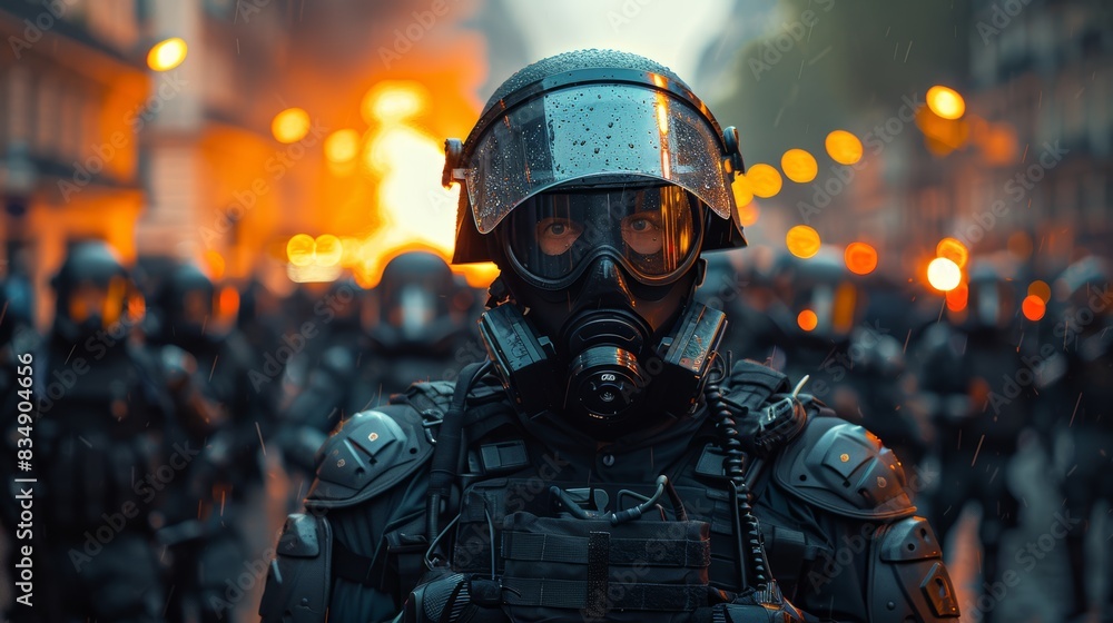 Police security measures in the city streets, group of policemen patrol in body armor and gas mask Police security measures in the city streets, group of policemen patrol in body armor and gas mask