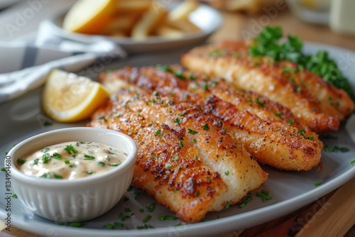 Fried Catfish - Fried catfish fillets with a side of tartar sauce. 
