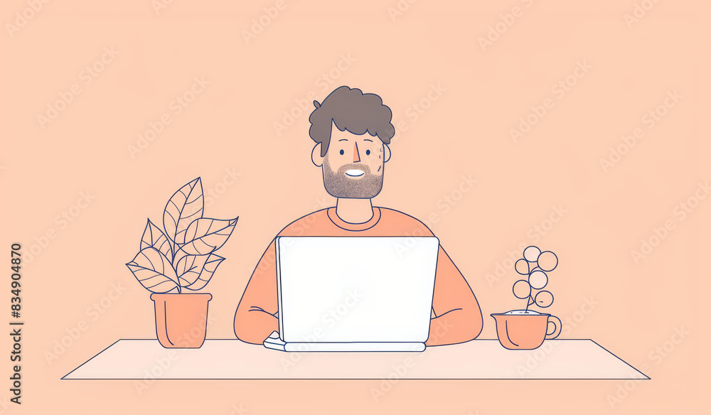 Minimalist cartoon of a happy man sitting in front of a laptop, with simple lines and vector art style. Minimalist cartoon of a happy man sitting in front of a laptop, with simple lines and vector art style.