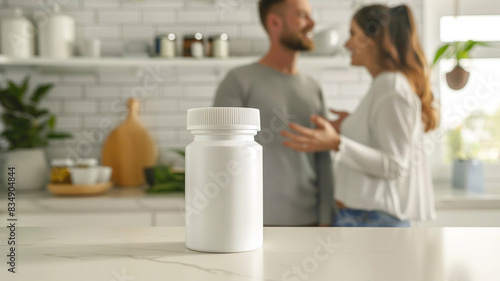 a white supplement bottle on a kitchen counter