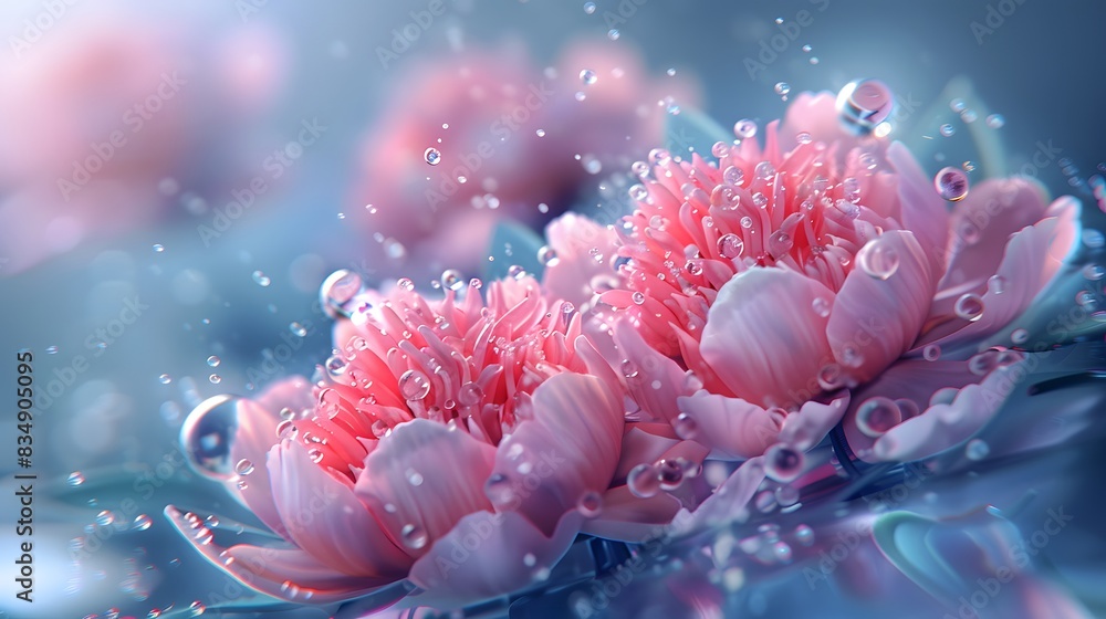 Peony Flowers with drops of dew crystals clear Droplets in a Soft Blue Background. Peony Flowers with drops of dew crystals clear Droplets in a Soft Blue Background.