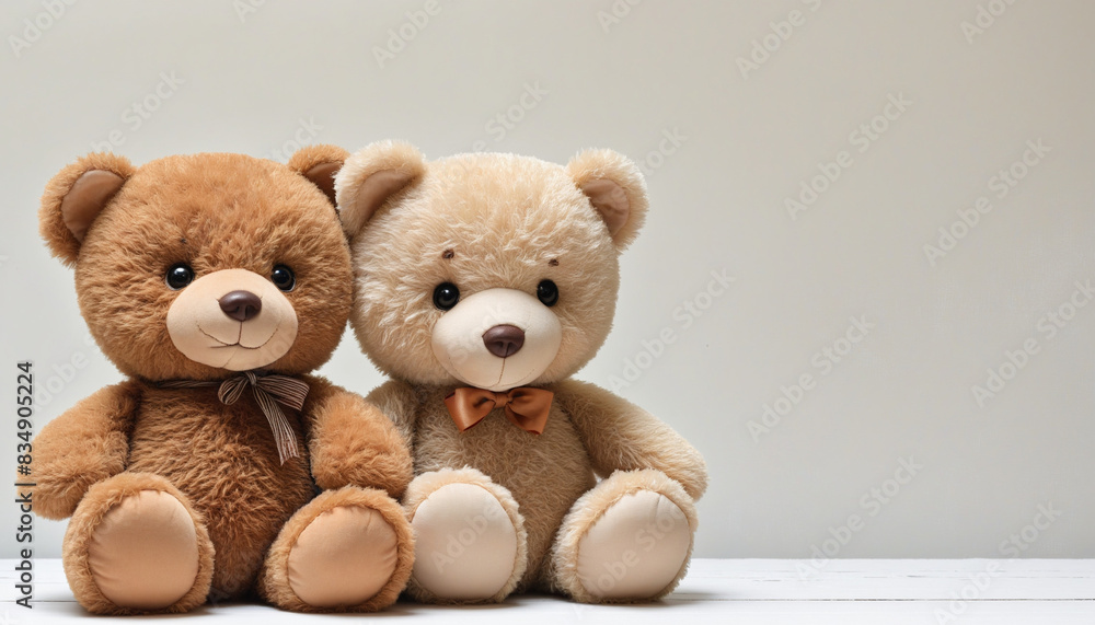 Obraz premium Vintage Teddy Bears on Wooden Shelf Against White Wall with Copy Space, Nostalgically Toned