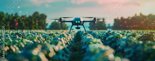 Drone flying over a lush green agricultural field at sunset, representing modern farming and precision agriculture technology. photo