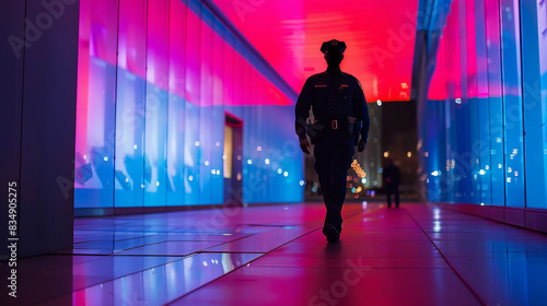 Security guard patrolling a colorful corridor at night with urban bokeh background