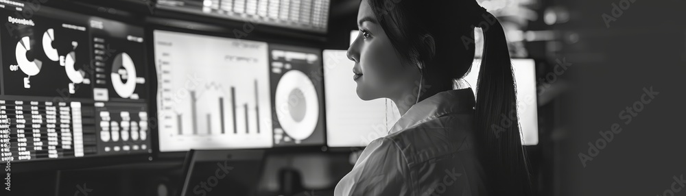 Focused professional analyzing data on multiple monitors, showing various charts and graphs in a modern office environment. Focused professional analyzing data on multiple monitors, showing various charts and graphs in a modern office environment.