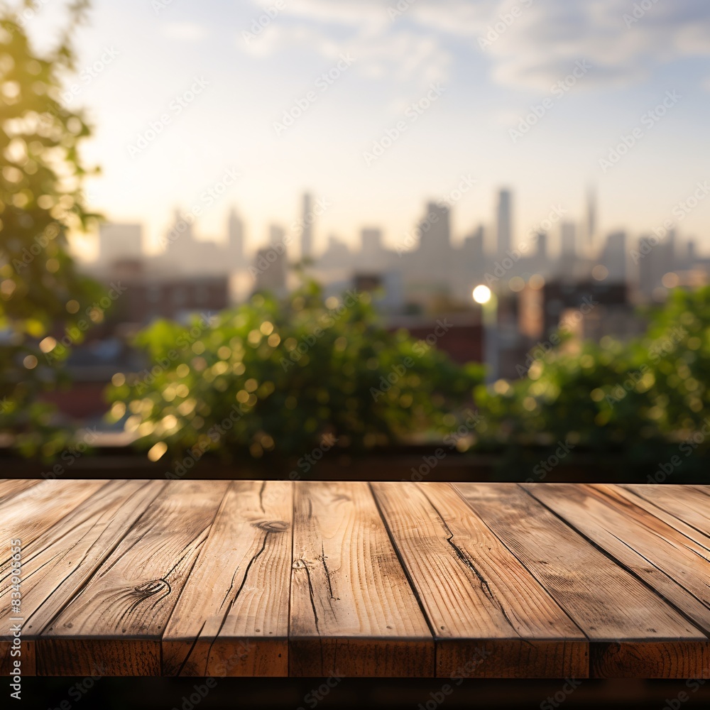 a wooden table with trees and a city in the background a wooden table with trees and a city in the background