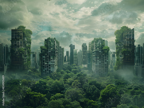 Abandoned city with buildings overtaken by greenery, set against a dramatic cloudy sunset sky.
