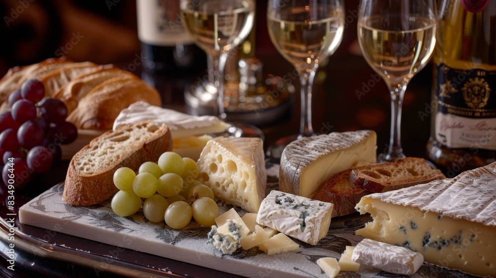 A French cheese platter with a variety of cheeses, grapes, and crusty bread, served with wine in a sophisticated setting A French cheese platter with a variety of cheeses, grapes, and crusty bread, served with wine in a sophisticated setting