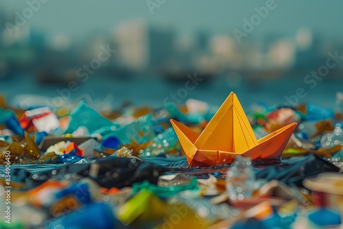 Bateau en papier orange flottant parmi des déchets plastiques en mer photo