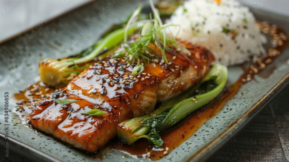 Fish Steak Rice A gourmet fish steak drizzled with a savory soy glaze and served with ...