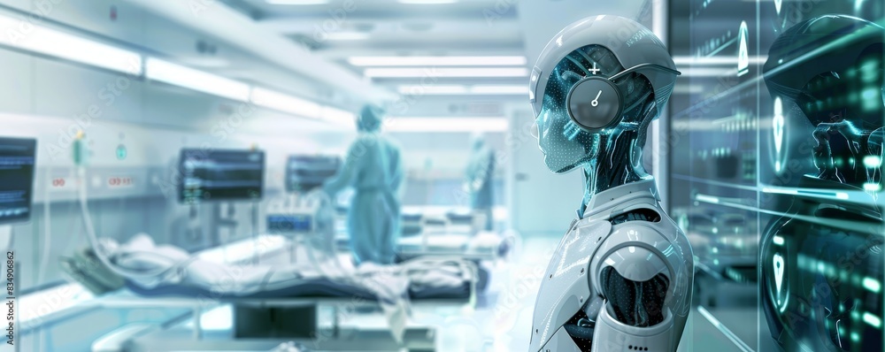 Futuristic hospital scene with a humanoid robot and medical professionals in advanced surgical room, showcasing technology in healthcare. Futuristic hospital scene with a humanoid robot and medical professionals in advanced surgical room, showcasing technology in healthcare.