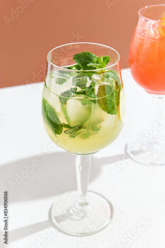 Refreshing Alcoholic Mojito with Mint and Lime in Wine Glass - Inviting Summer Cocktail