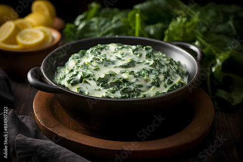 creamed spinach, creamy and savory side dish with tender spinach. generative ai