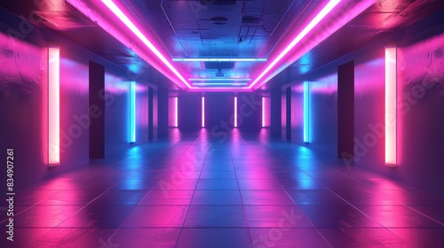 Futuristic neon-lit corridor with vibrant blue and pink lights creating a sci-fi atmosphere. Modern, sleek, and immersive setting.