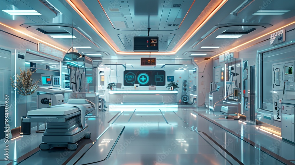 Futuristic sci-fi medical facility with advanced equipment, bright sterile environment, and modern technology for cutting-edge healthcare. Futuristic sci-fi medical facility with advanced equipment, bright sterile environment, and modern technology for cutting-edge healthcare.