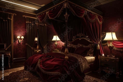 /imagine An opulent bedroom with dark ruby red walls, a canopy bed with luxurious velvet drapes, and antique gold accents, all softly lit by vintage-style lamps.