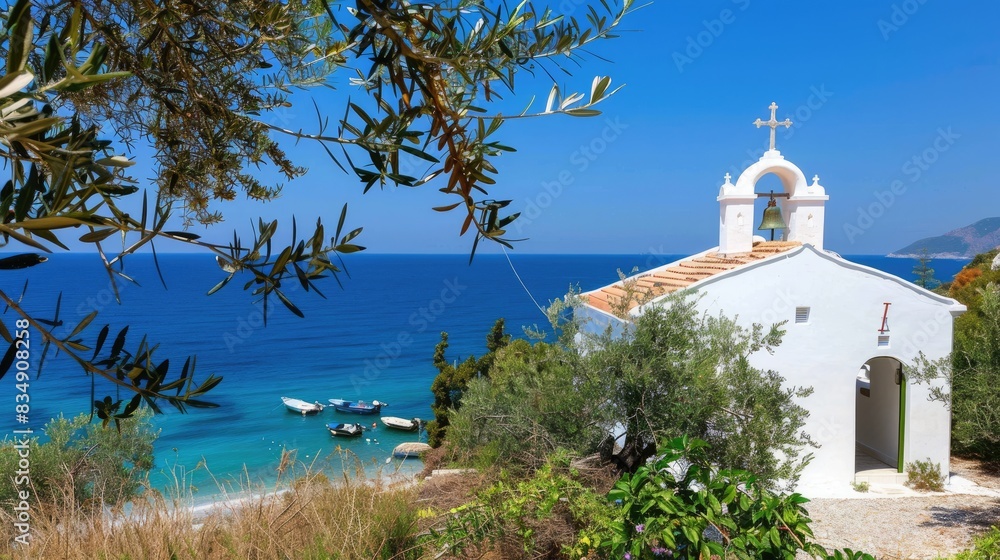 Obraz premium a small Greek island adorned with a white church, surrounded by crystal-clear turquoise waters, and lush pine trees in the village.