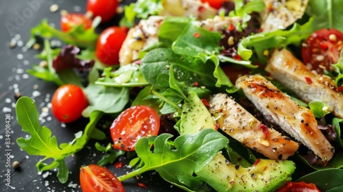 A gourmet salad with mixed greens, avocado, cherry tomatoes, and grilled chicken, served in a modern