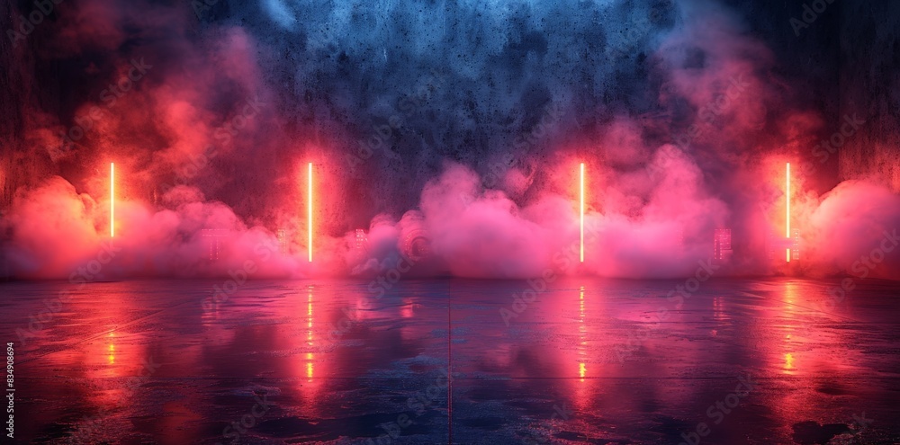 An orange luminous tubes emits a warm glow lights cut through fog against a grungy wall, reflecting on a glossy floor, creating a mysterious, futuristic ambiance. An orange luminous tubes emits a warm glow lights cut through fog against a grungy wall, reflecting on a glossy floor, creating a mysterious, futuristic ambiance.