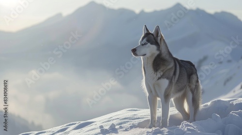 Portrait of a Husky dog on top of mountain in outdoor park in winter