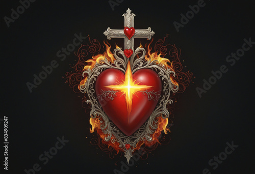 Divine Passion: An Illustration of the Sacred Heart in Flames and Crosses on a Mystical Background
