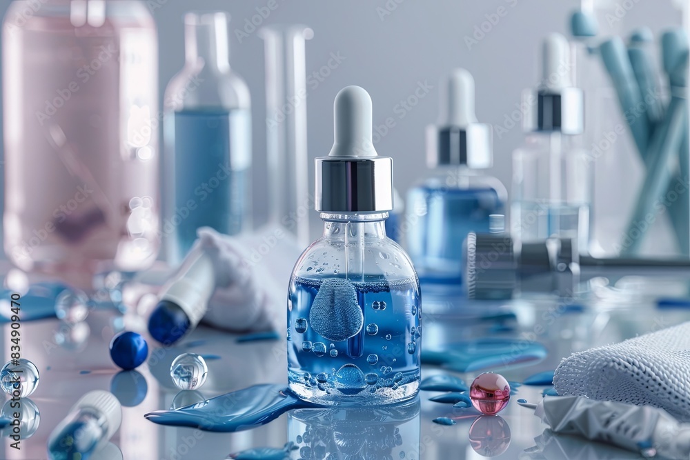 Close-up of glass bottles of serum with droplets on a laboratory table. Generative AI Close-up of glass bottles of serum with droplets on a laboratory table. Generative AI