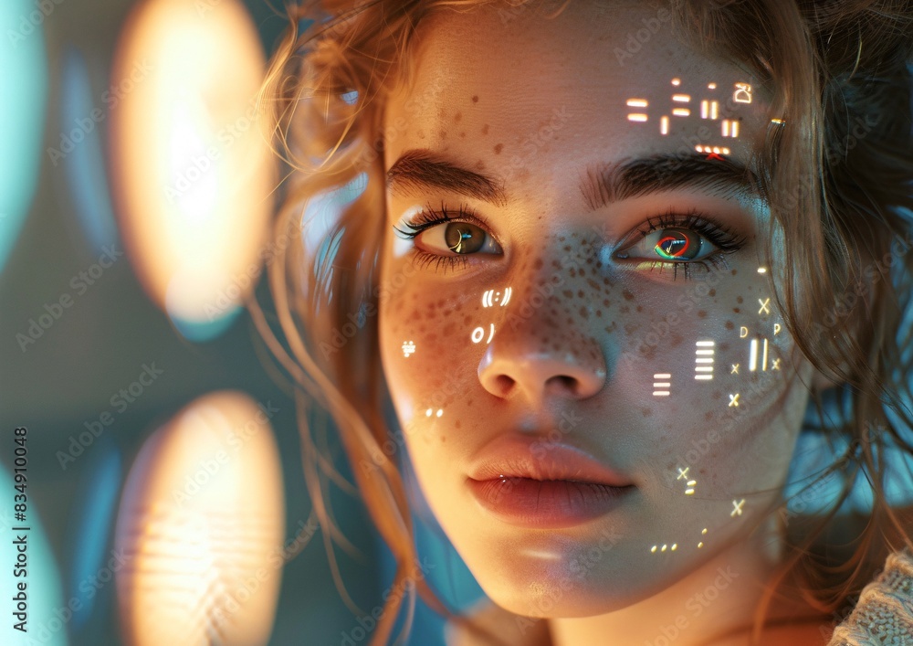 a woman with freckles and glowing lights on her face a woman with freckles and glowing lights on her face