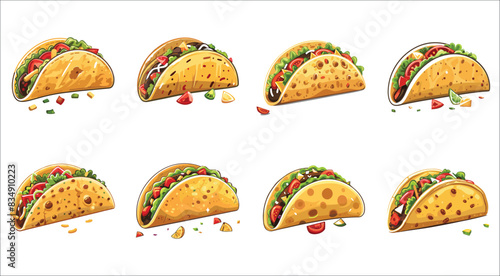 Taco Mexican tortilla wrap with chicken and vegetable, Mexican food tacos isolated on white background, Set of tasty taco, Taco vector illustration, Mexican taco