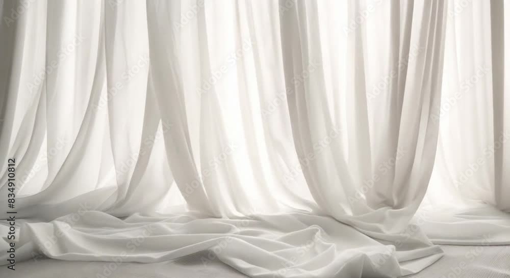 Sunlight streams through sheer white curtains, casting soft shadows and creating a tranquil, ethereal atmosphere in the room. Sunlight streams through sheer white curtains, casting soft shadows and creating a tranquil, ethereal atmosphere in the room.