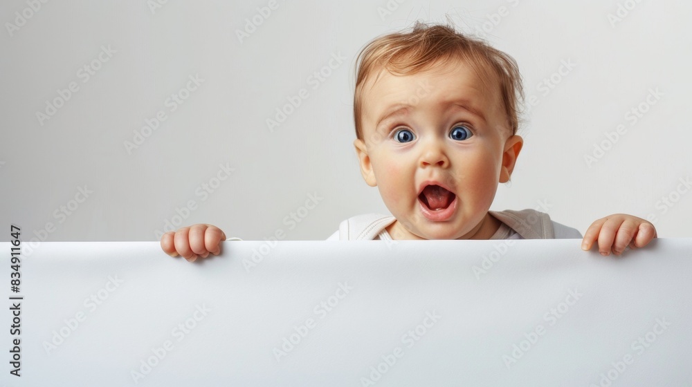 Surprised baby peeping with plain background Surprised baby peeping with plain background
