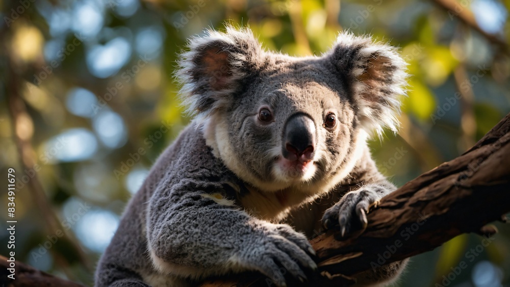 Fototapeta premium Curious Koala Gazes from Tree: A Wildlife Portrait