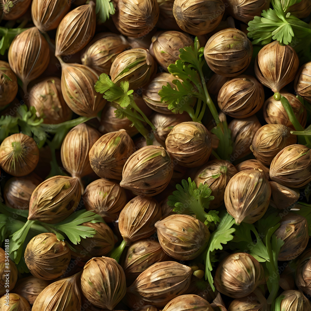 a stunning arrangement of coriander seeds and flowers. Each seed is meticulously detailed a stunning arrangement of coriander seeds and flowers. Each seed is meticulously detailed