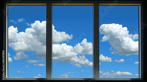 View from the window to the blue sky with white clouds.